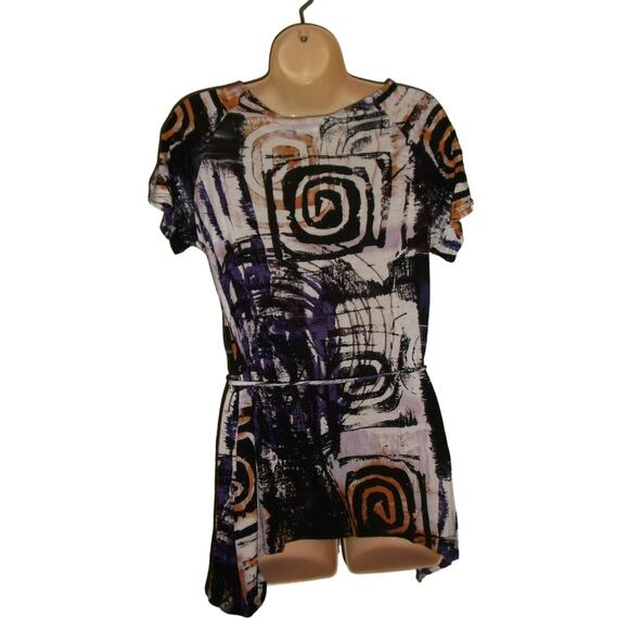 Marco New York Knit Top Women's M Multicolor Print Short Sleeve Tie Belt Tunic - Picture 4 of 9